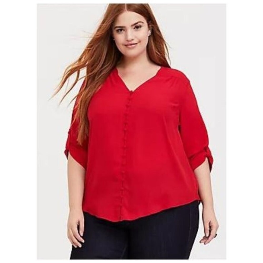 Torrid Red Harper Georgette 3/4 Sleeve V-neck Button Front Blouse - Size 5X